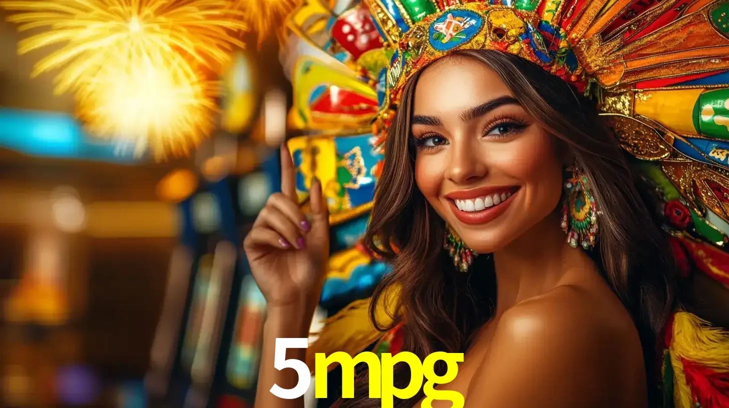 Mulher sorridente com um cocar de carnaval vibrante e colorido, celebrando uma grande vitória nos jogos do cassino 5mpg com fogos de artifício ao fundo.