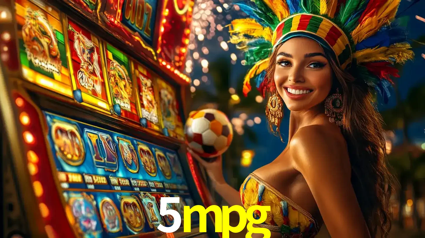 Mulher com um cocar de carnaval ao lado de uma máquina de caça-níqueis enquanto segura uma bola de futebol, mostrando a união da diversão de cassino e esportes no 5mpg.