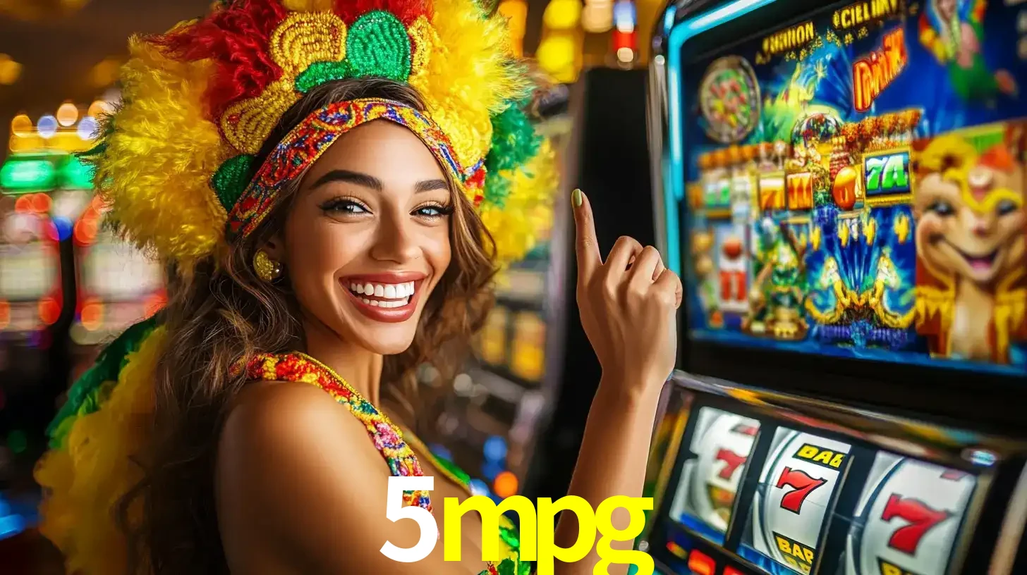 Mulher animada com um cocar de carnaval apontando para uma máquina de caça-níqueis, mostrando a emoção de ganhar um grande prêmio nos jogos do 5mpg.