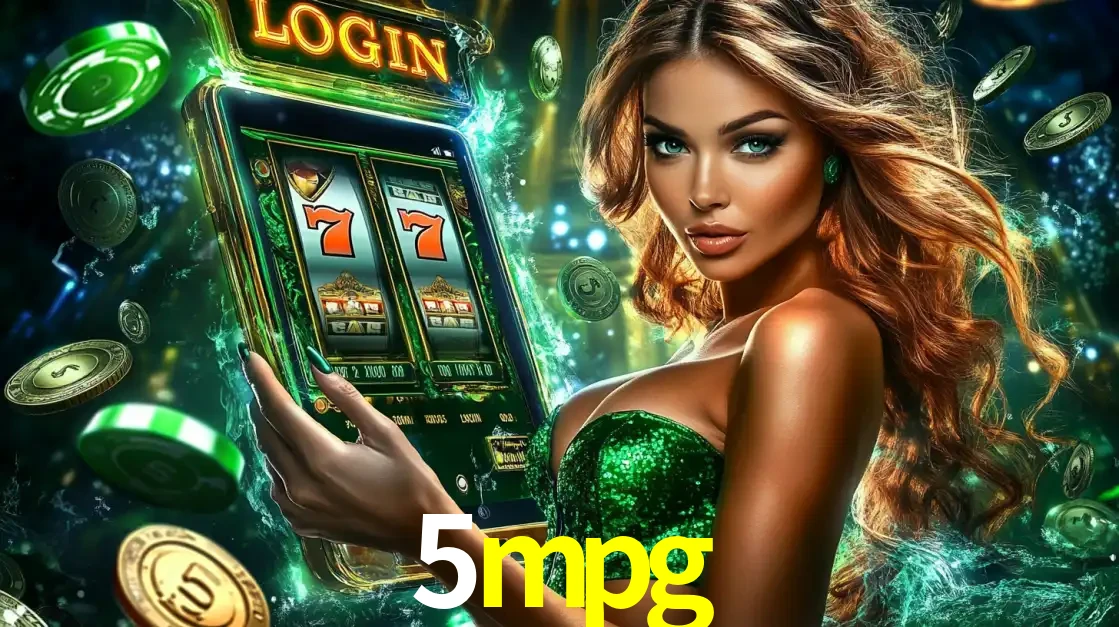 Mulher com tema verde apresentando o aplicativo do cassino 5mpg com um jogo de slot de 777, cercada por fichas de cassino e uma aura de sorte.