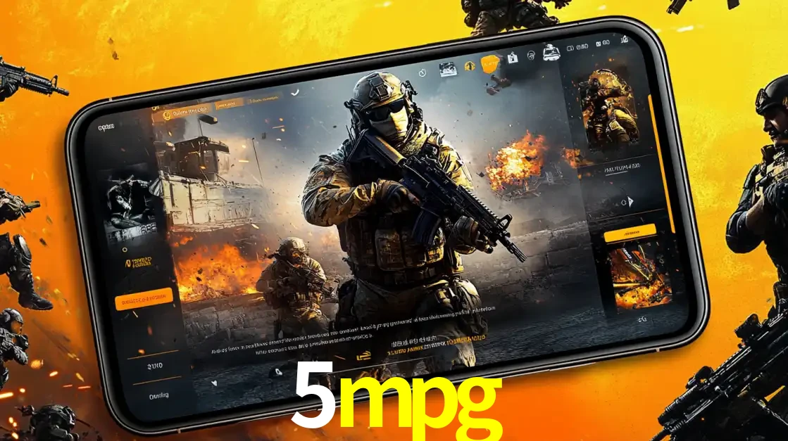 Um smartphone exibindo a interface de um jogo de tiro em primeira pessoa, com um soldado em um cenário de batalha, representando a ação dos e-sports para apostar no 5mpg.