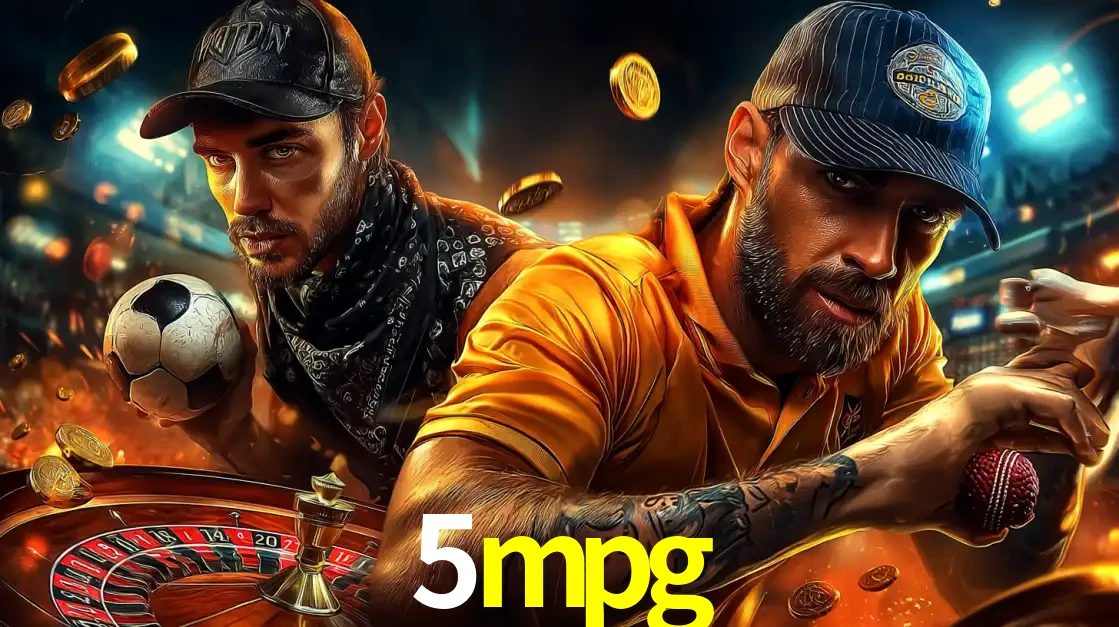 Montagem de apostas esportivas e cassino no 5mpg, com um homem segurando uma bola de futebol e outro uma de beisebol sobre uma roleta e moedas voadoras.