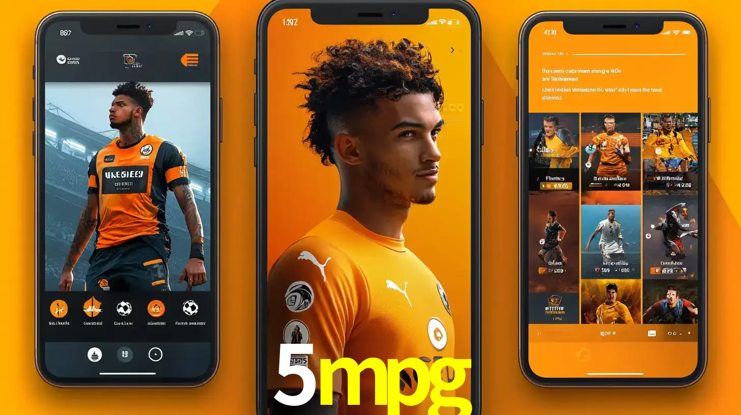 Interface do aplicativo de apostas esportivas 5mpg em três telas de celular, mostrando o perfil de um jogador de futebol e a lista de jogos disponíveis para apostar.