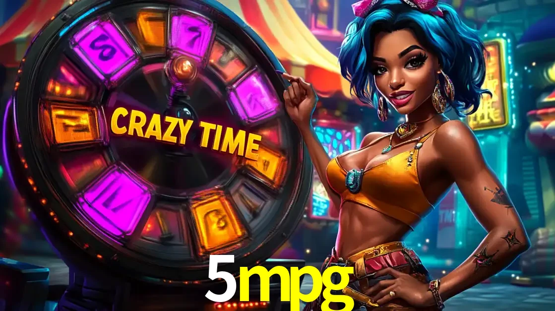 Mulher estilizada com cabelo azul e visual vibrante posando ao lado da roda de prêmios do game show Crazy Time, convidando para a diversão e os bônus do cassino 5mpg.