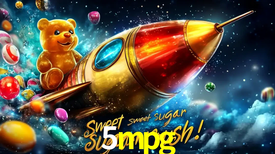 Arte promocional do jogo de slot Sugar Rush, com um urso de pelúcia em um foguete viajando pelo espaço de doces, um dos jogos divertidos disponíveis no cassino 5mpg.