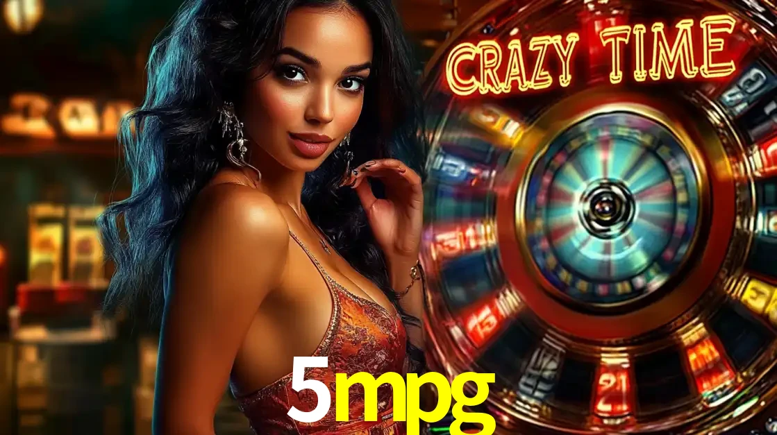 Mulher elegante ao lado da vibrante roda da fortuna do jogo de cassino ao vivo Crazy Time, um dos game shows mais populares e cheios de prêmios do 5mpg.