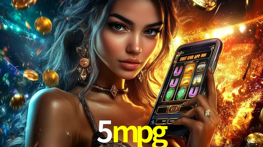 Mulher elegante mostrando um jogo de caça-níqueis em seu smartphone, destacando a experiência de cassino móvel oferecida pelo aplicativo 5mpg.