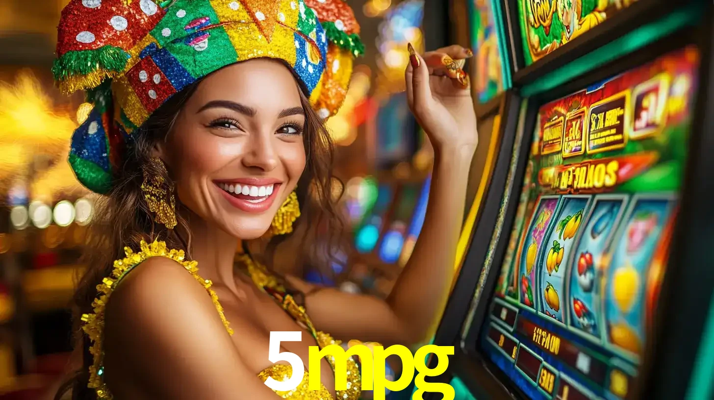 Mulher feliz com traje de carnaval amarelo e colorido ao lado de uma máquina de caça-níqueis, aproveitando a diversão e os jogos temáticos do cassino 5mpg.
