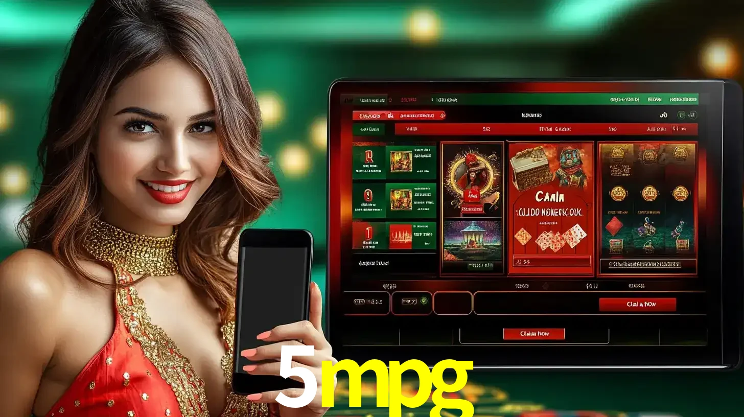 Mulher sorridente segurando um smartphone, ao lado de uma tela exibindo o lobby de jogos do cassino online 5mpg, com várias opções de jogos de cartas e slots.